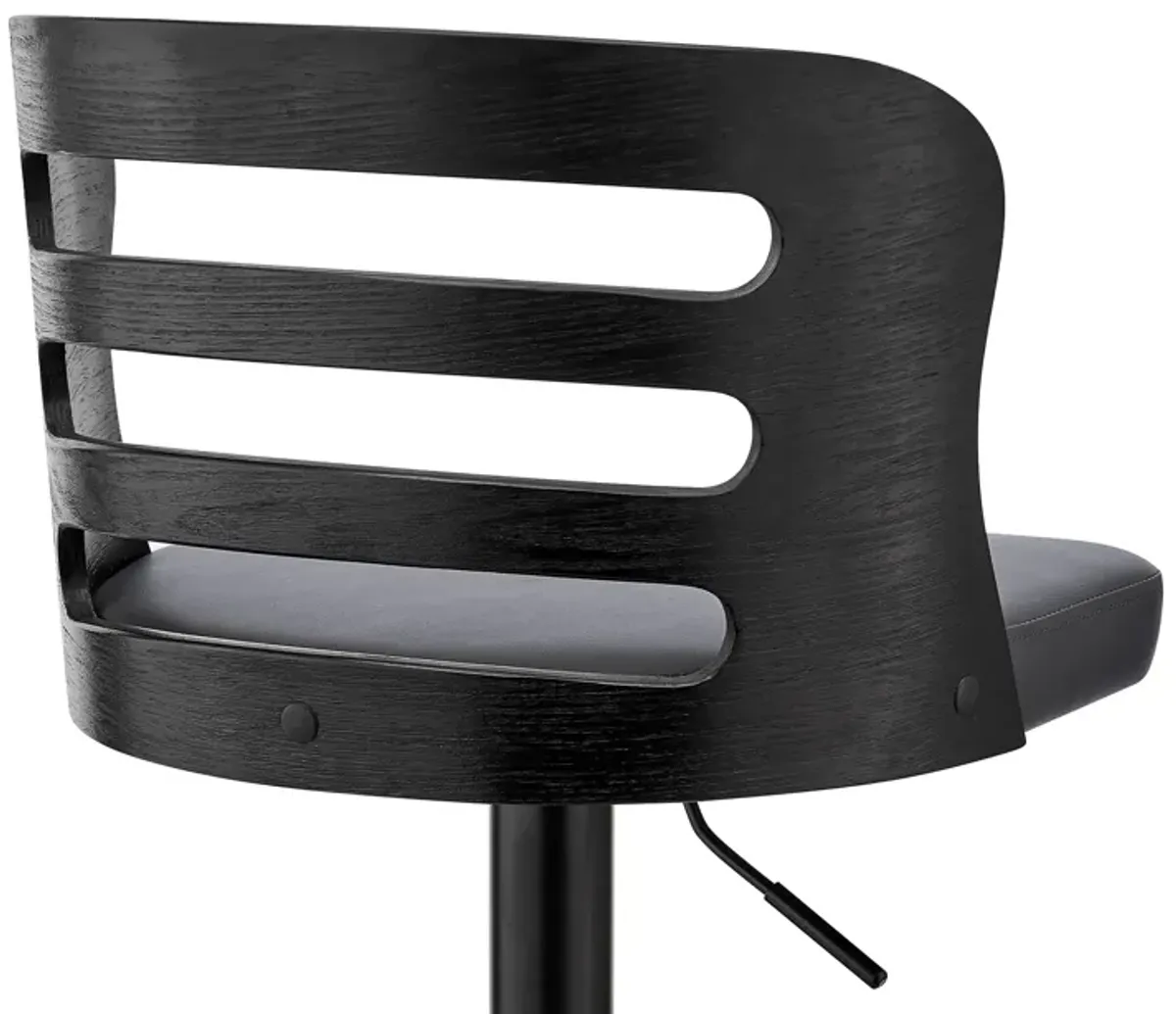 Khalia Adjustable Swivel Grey Faux Leather and Black Wood Bar Stool with Black Base