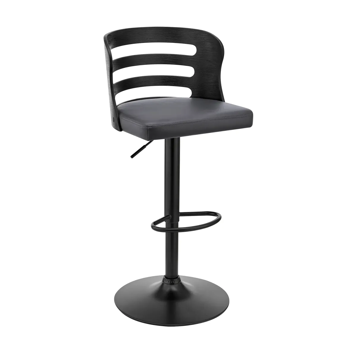 Khalia Adjustable Swivel Grey Faux Leather and Black Wood Bar Stool with Black Base