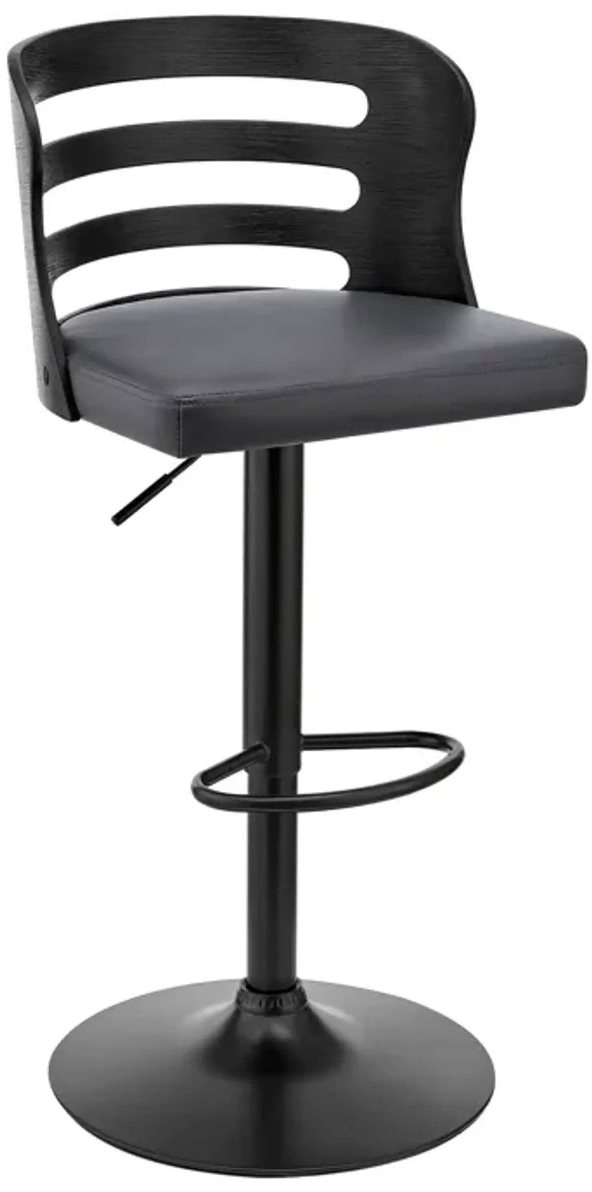 Khalia Adjustable Swivel Grey Faux Leather and Black Wood Bar Stool with Black Base