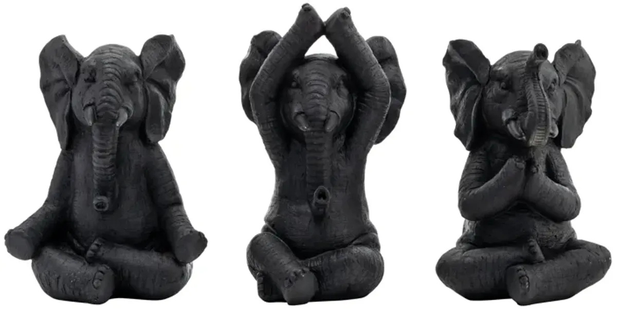 Resin, S/3, 8"h, Yoga Elephants, Blk