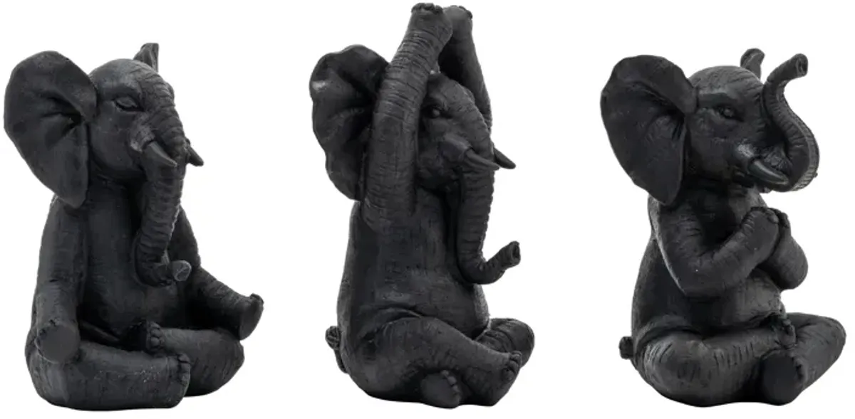 Resin, S/3, 8"h, Yoga Elephants, Blk