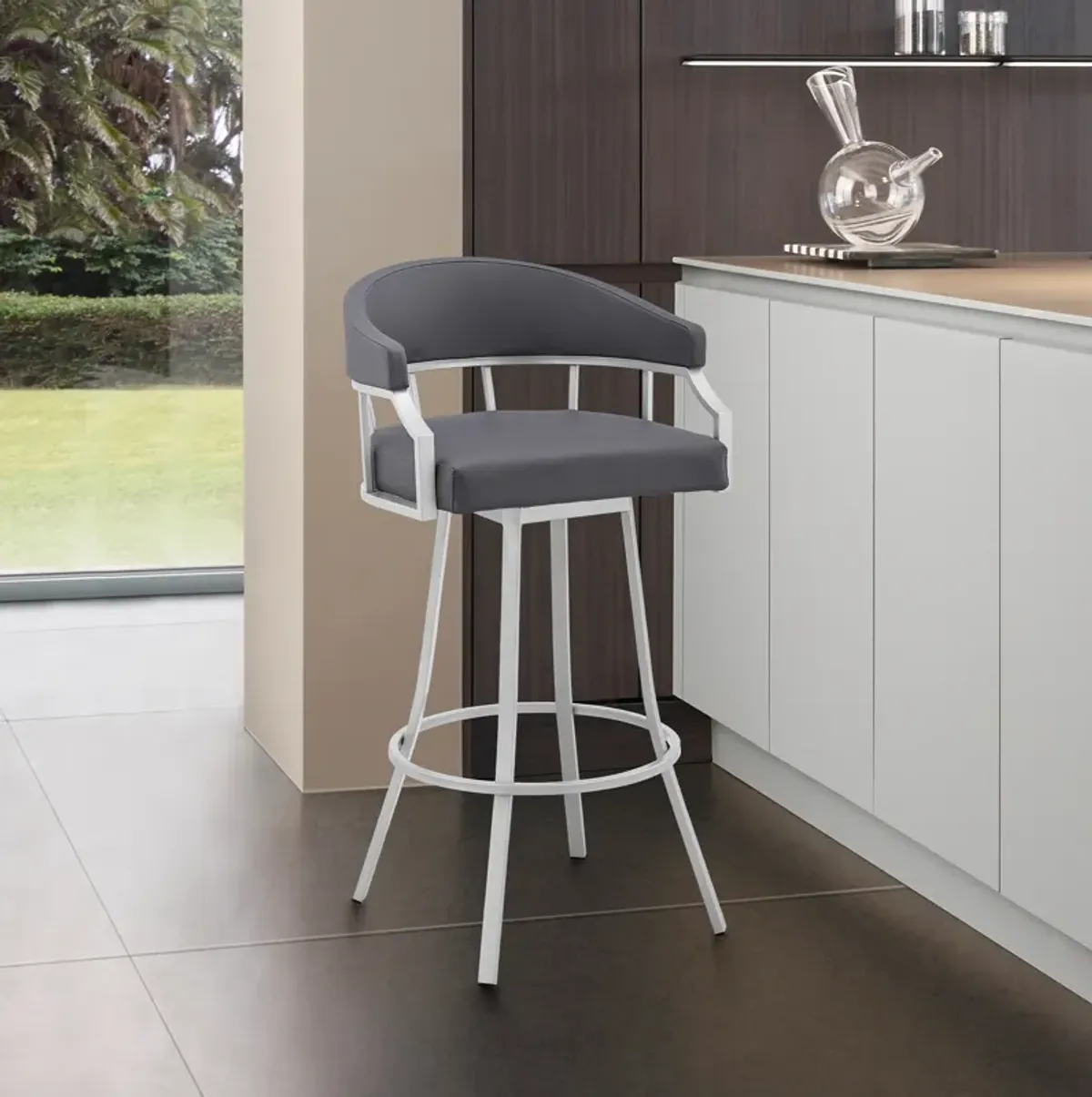 Palmdale 30" Swivel Slate Grey Faux Leather and Silver Metal Bar Stool