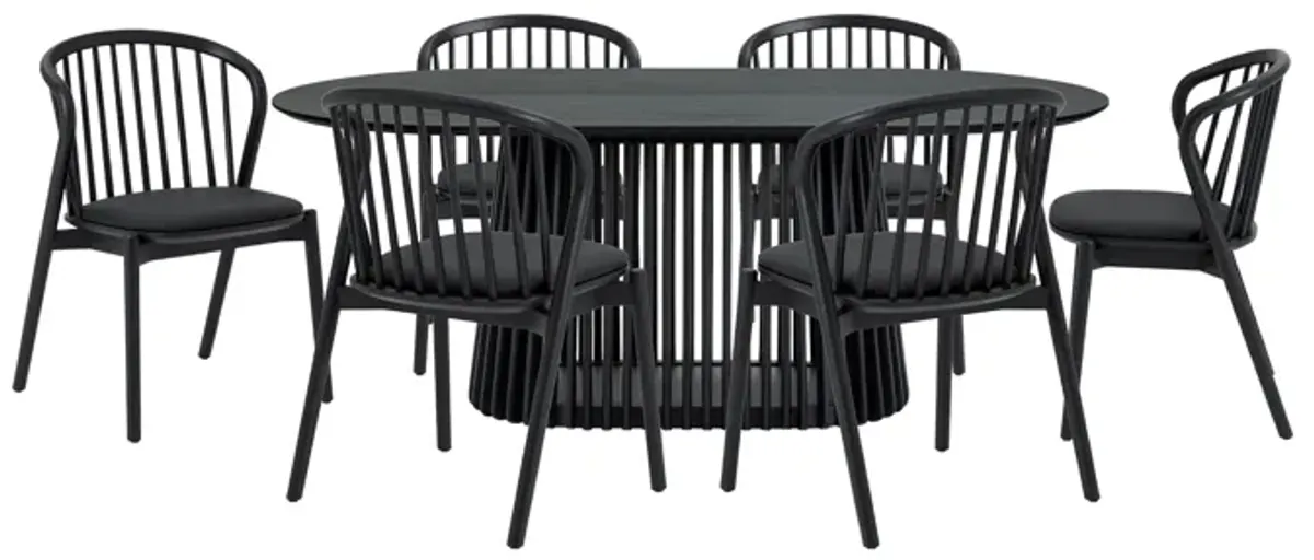 Pasadena Echo 7 Piece Oval Dining Set in Black Oak Finish with Black Faux Leather