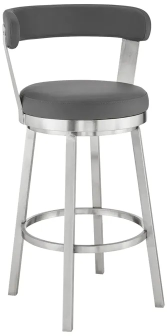 Kobe 26" Counter Height Swivel Bar Stool in Brushed Stainless Steel Finish and Gray Faux Leather