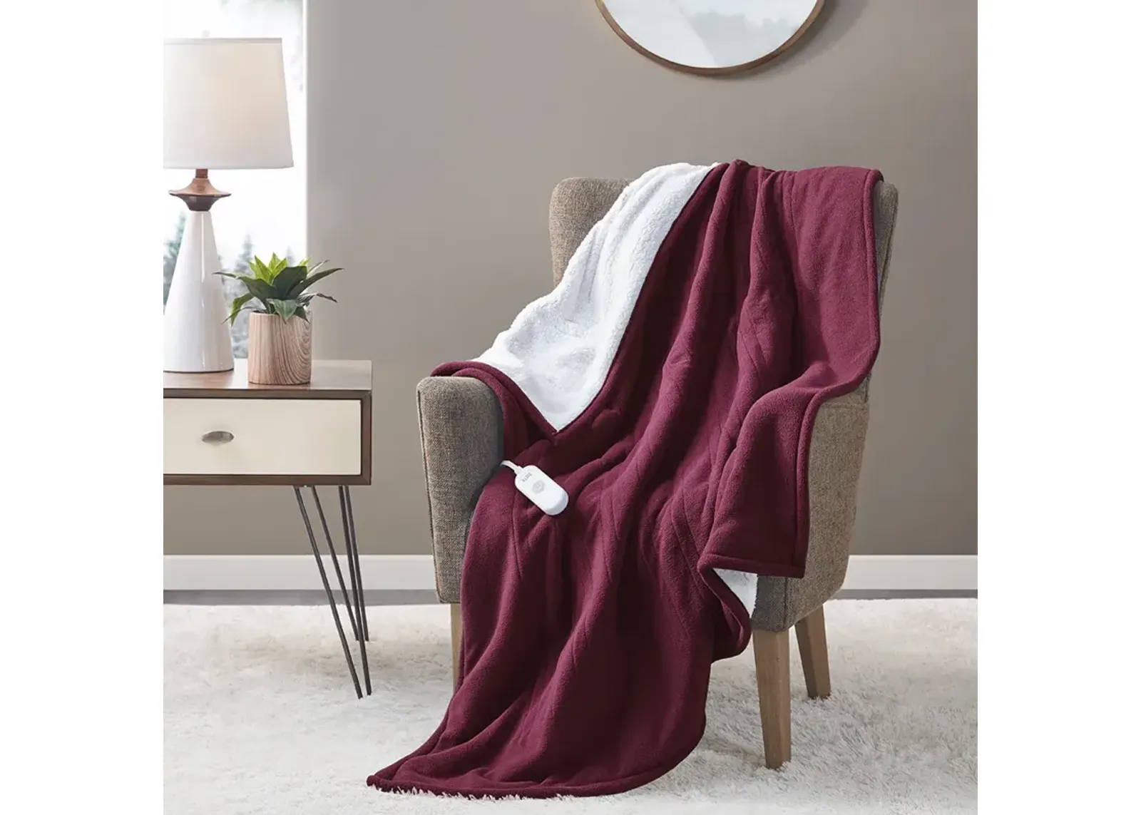 Serta Fleece to Sherpa Burgundy Heated Throw