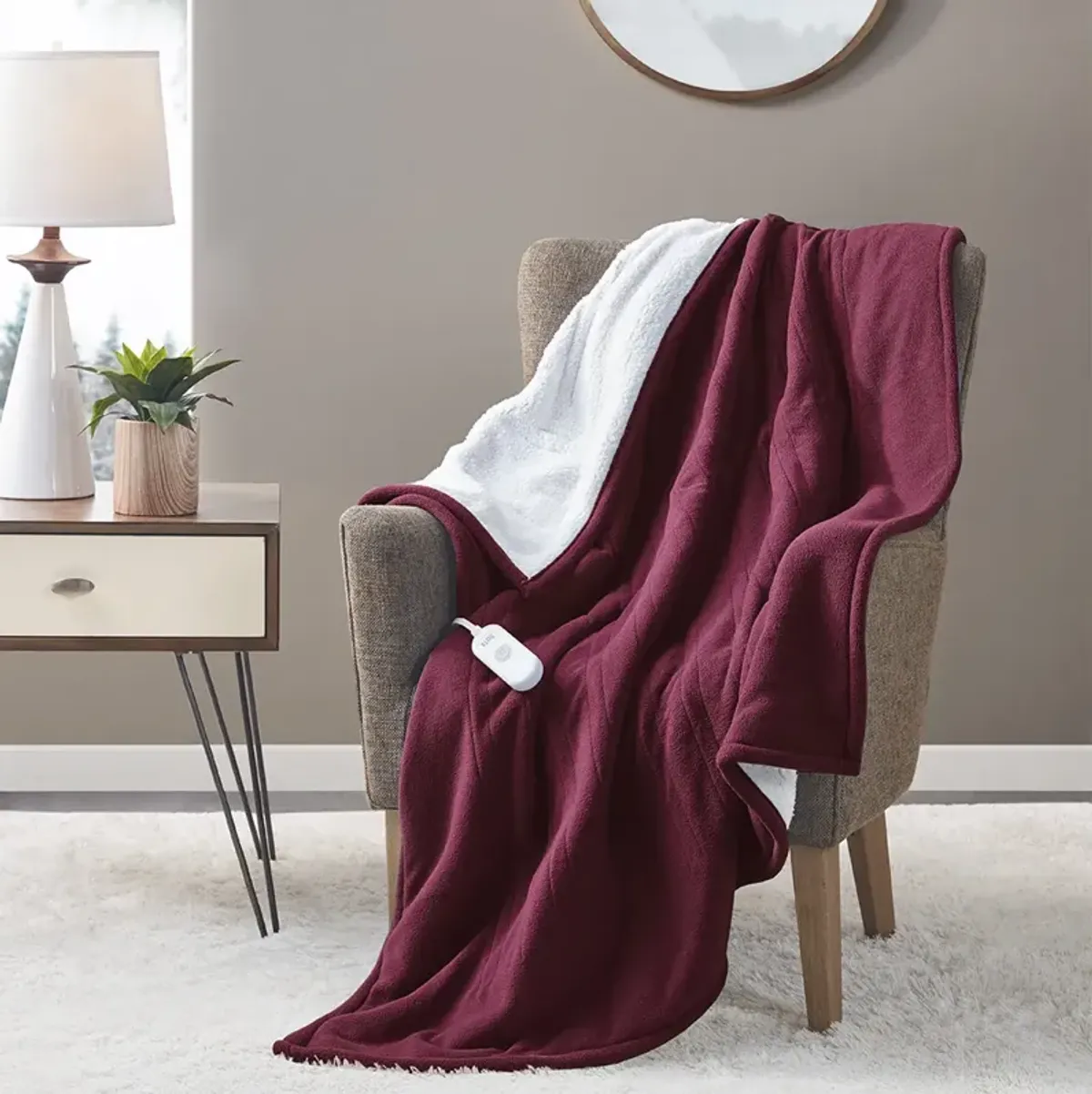 Serta Fleece to Sherpa Burgundy Heated Throw