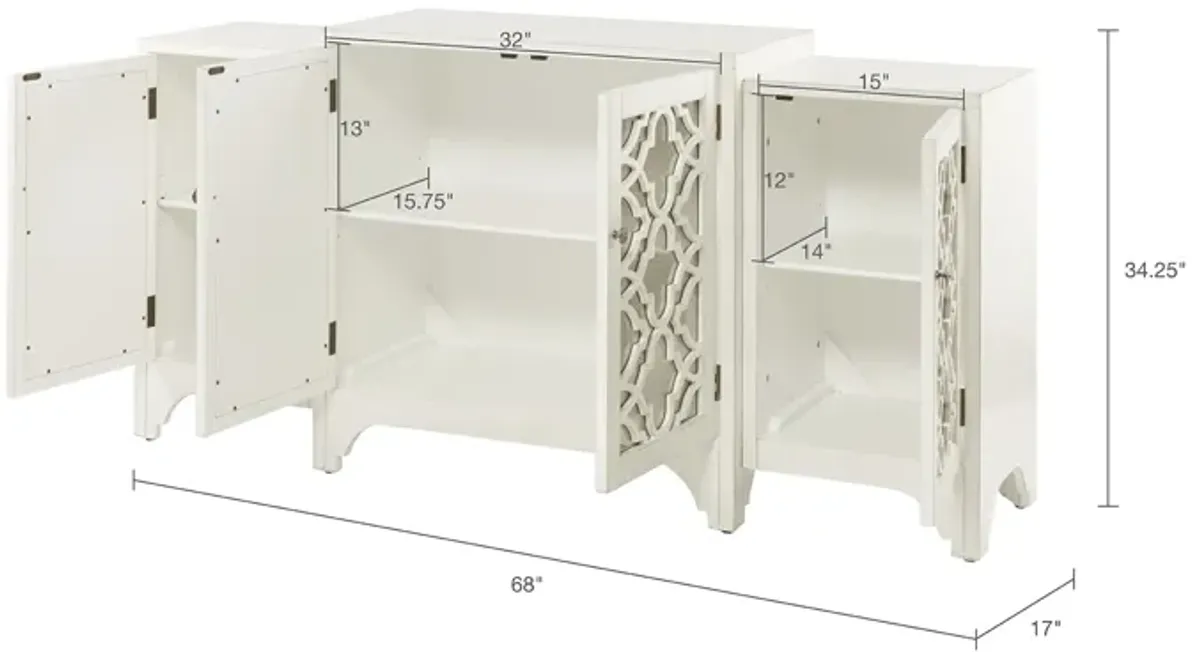 Madison Park Verona Cream Dining Buffet Server Quaterfoil Design Kitchen Storage Cabinet with Mirrored Doors