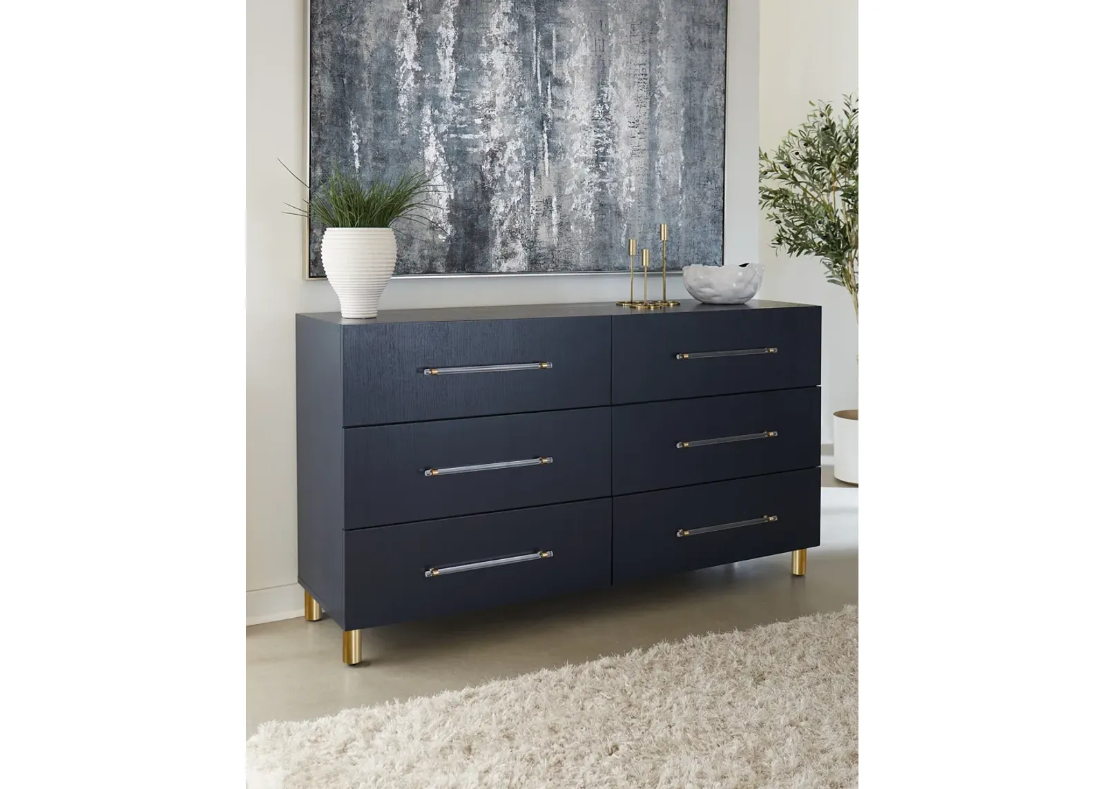 Argento Six Drawer Dresser in Navy Blue and Burnished Brass (2024)