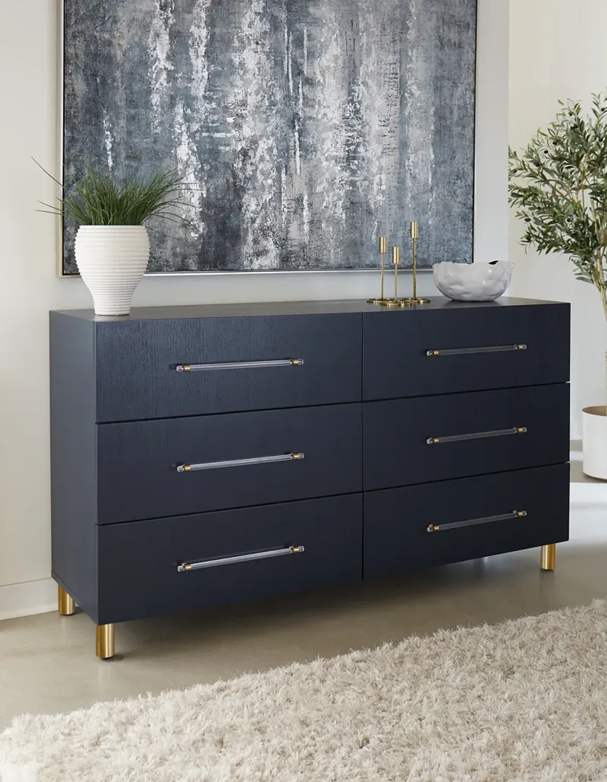 Argento Six Drawer Dresser in Navy Blue and Burnished Brass (2024)