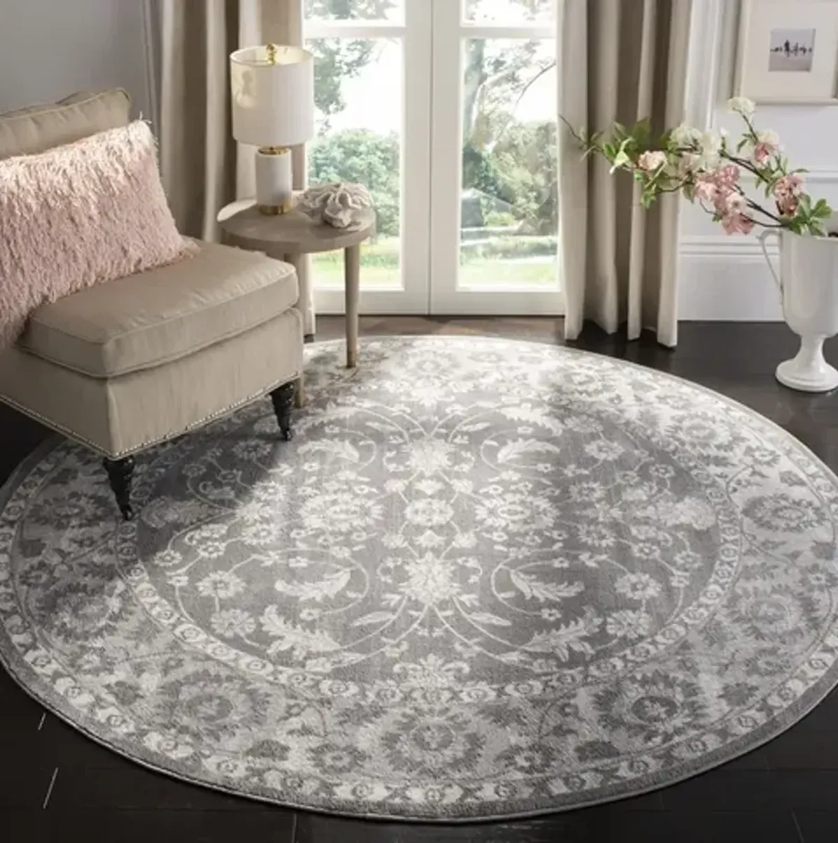 Brentwood 844 Cream / Grey 3' X 3' Round Round Powerloomed Rug