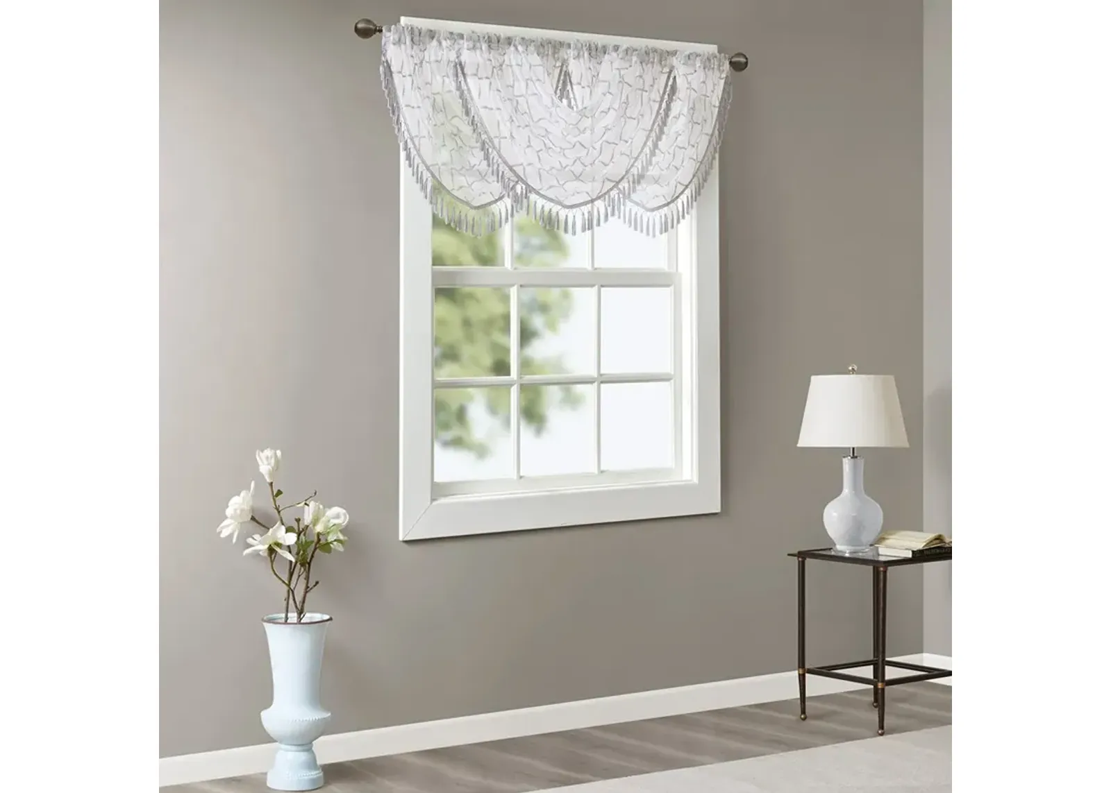 Madison Park Irina White/Grey Diamond Sheer Embroidered Waterfall Valance