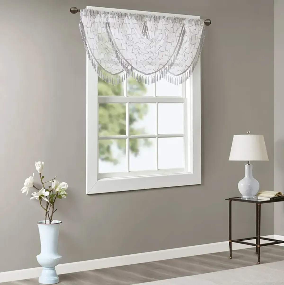 Madison Park Irina White/Grey Diamond Sheer Embroidered Waterfall Valance