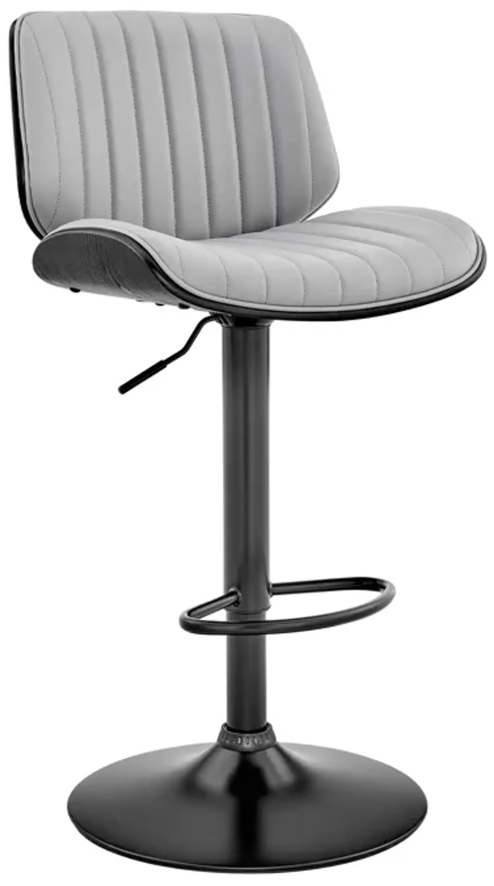 Brock Adjustable Gray Faux Leather and Walnut Wood Bar Stool with Black Base