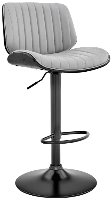 Brock Adjustable Gray Faux Leather and Walnut Wood Bar Stool with Black Base