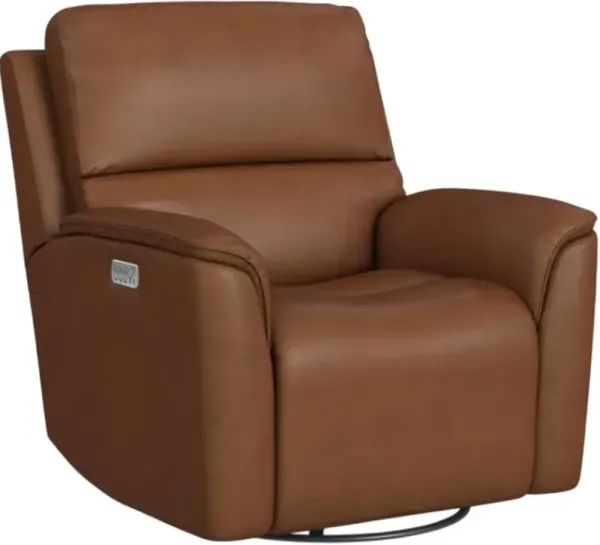 FlexsteelÂ® Henry Caramel Power Swivel Glider Recliner with Power Headrest, Lumbar, Heat and Massage