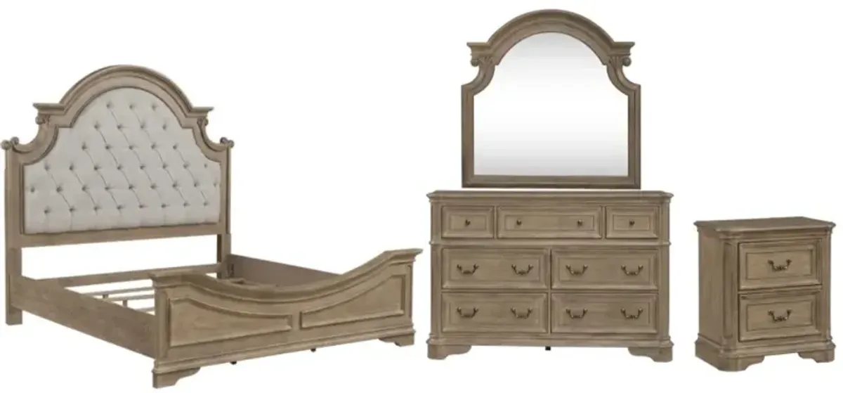 Liberty Furniture Magnolia Manor 4-Piece Weathered Bisque King Upholstered Bedroom Set