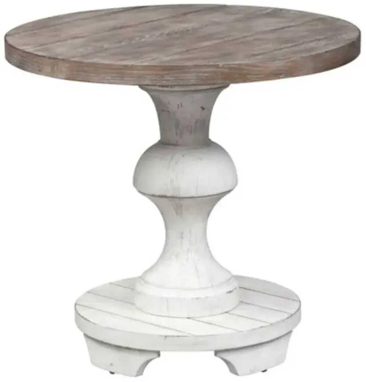 Liberty Furniture Sedona Gravel Top Round End Table with Heavy Distressed White Base