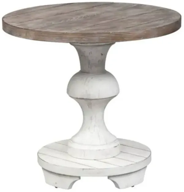Liberty Furniture Sedona Gravel Top Round End Table with Heavy Distressed White Base