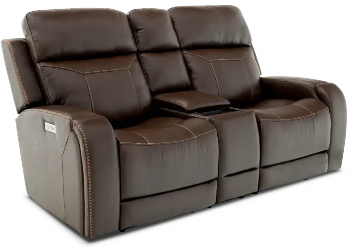 Moto Motion 828 Coffee Leather Media Power Reclining Console Loveseat