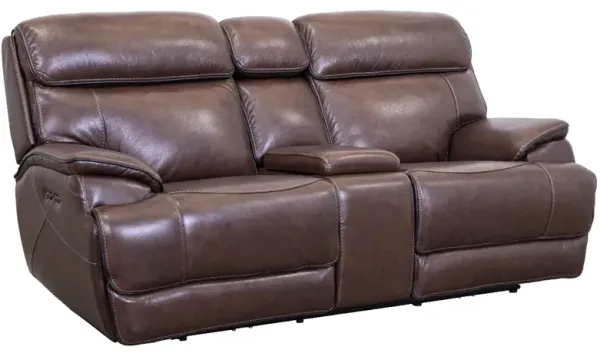 Man Wah Walnut Leather Power Reclining Console Loveseat
