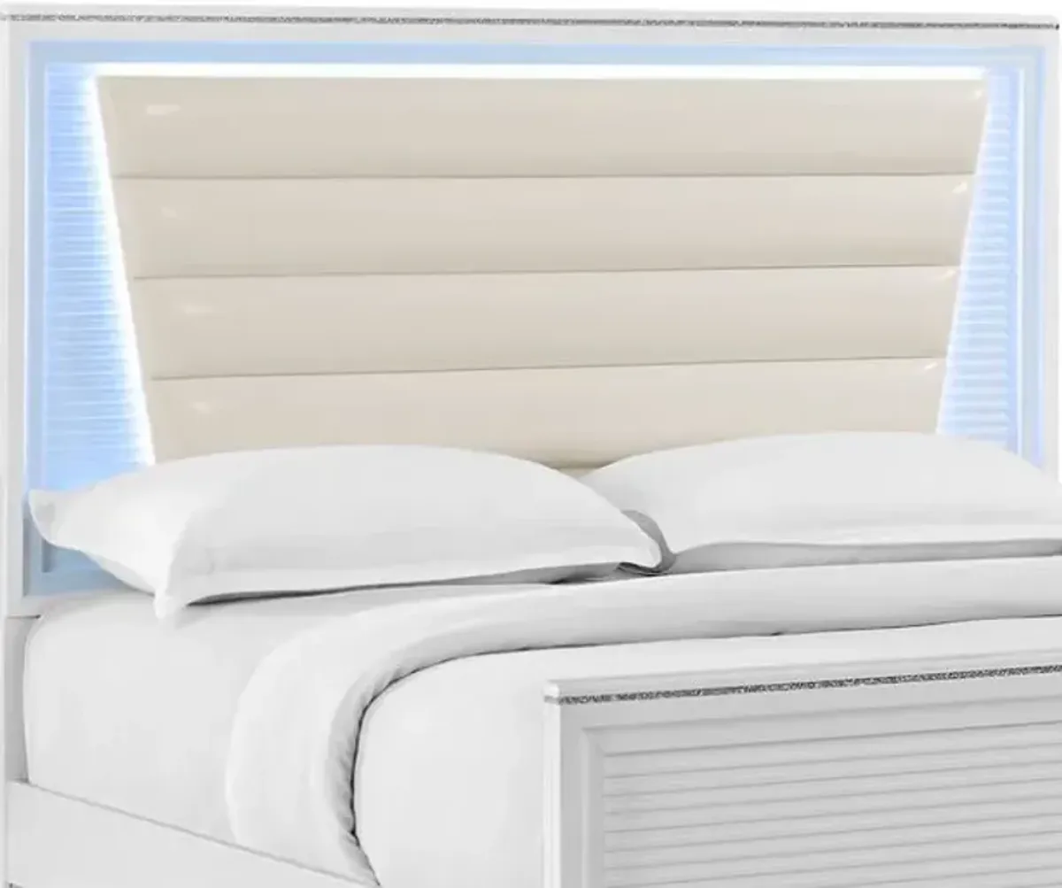 Elements International Denmark White King Upholstered Panel Bed with LED