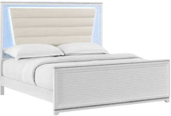 Elements International Denmark White King Upholstered Panel Bed with LED
