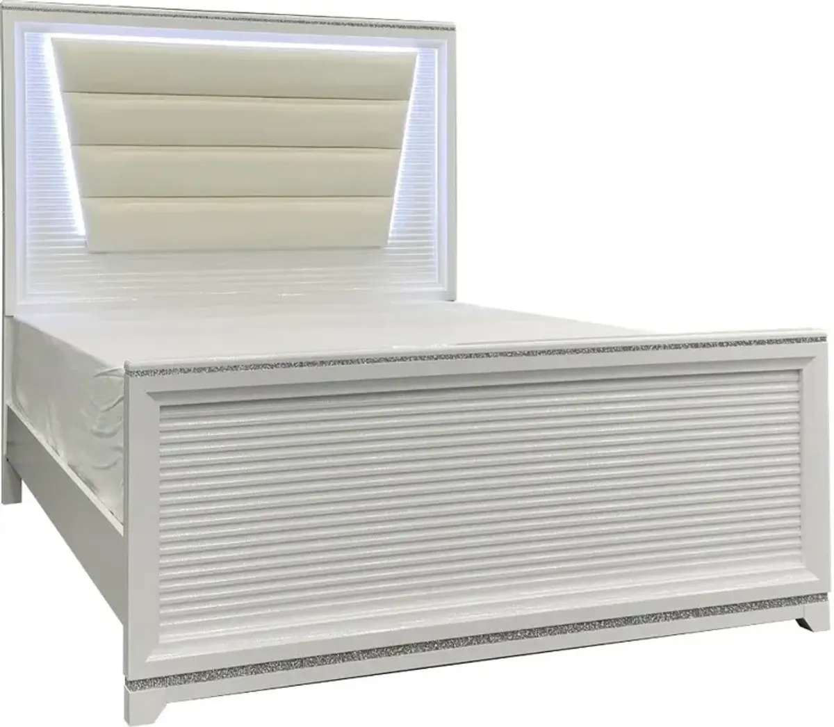 Elements International Denmark White Queen Upholstered Panel Bed with LED 