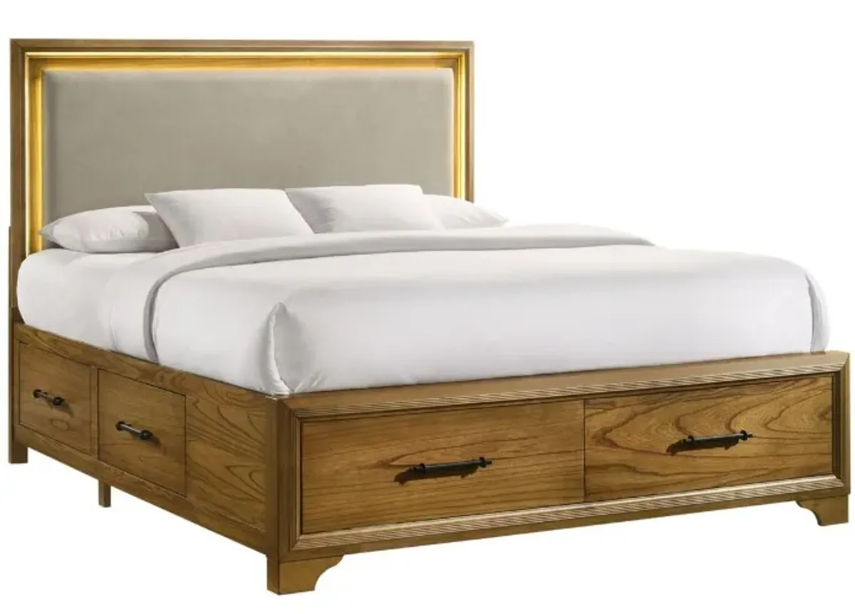 Elements International Harmony 3-Piece Beige/Walnut King Upholstered Storage Panel Bedroom Set