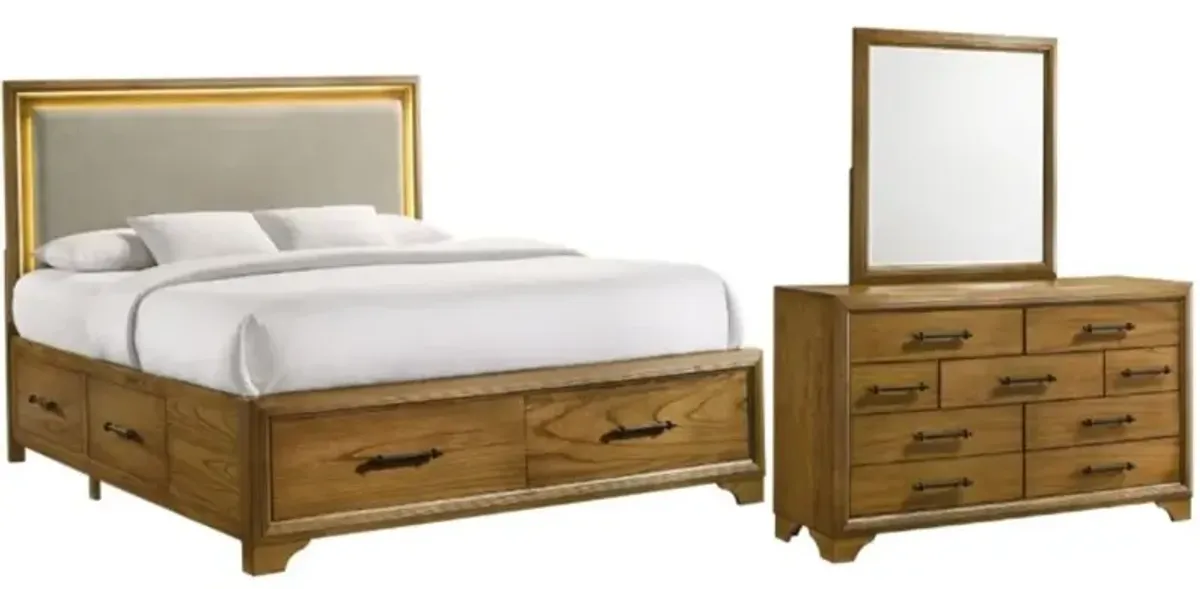 Elements International Harmony 3-Piece Beige/Walnut King Upholstered Storage Panel Bedroom Set
