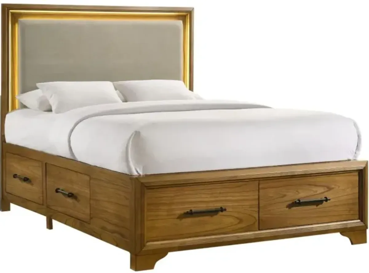 Elements International Harmony 3-Piece Beige/Walnut Queen Upholstered Storage Panel Bedroom Set