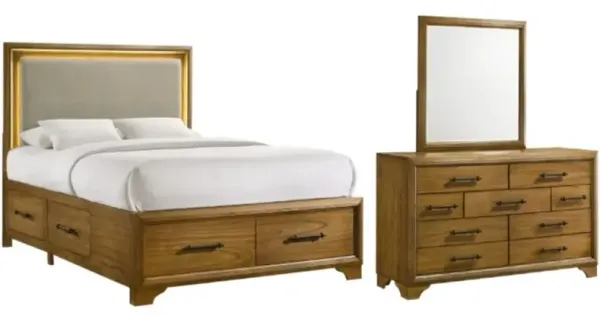 Elements International Harmony 3-Piece Beige/Walnut Queen Upholstered Storage Panel Bedroom Set