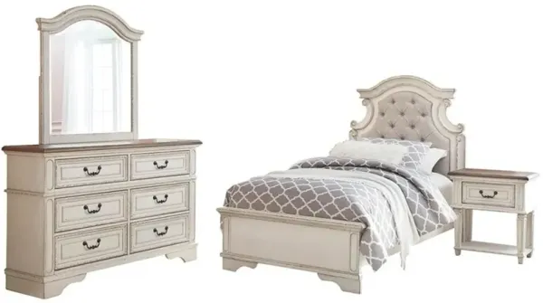 Signature Design by AshleyÂ® Realyn 4-Piece Chipped White Full Upholstered Panel Bed Set