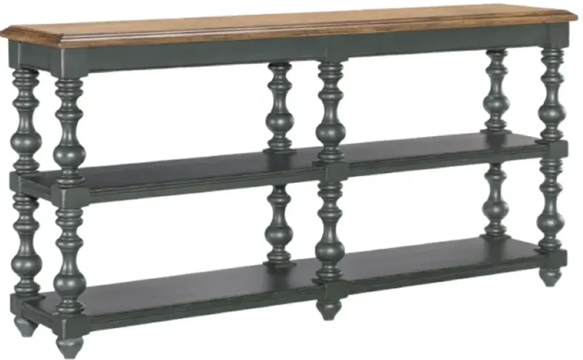 Legacy Classic Vintage Market Barnwood Oak Console Table with Mallard Green Base