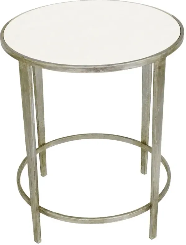 Zeugma Imports Glassy White Side Table with Silver Leaf Base