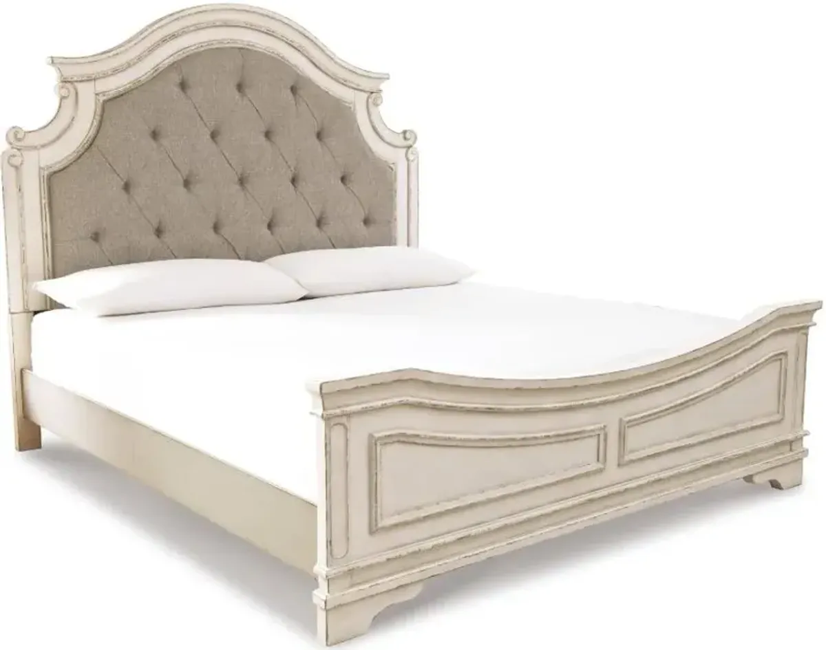 Signature Design by AshleyÂ® Realyn 3-Piece Chipped White King Upholstered Panel Bed Set