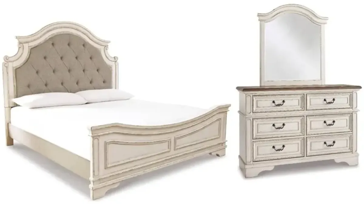 Signature Design by AshleyÂ® Realyn 3-Piece Chipped White King Upholstered Panel Bed Set