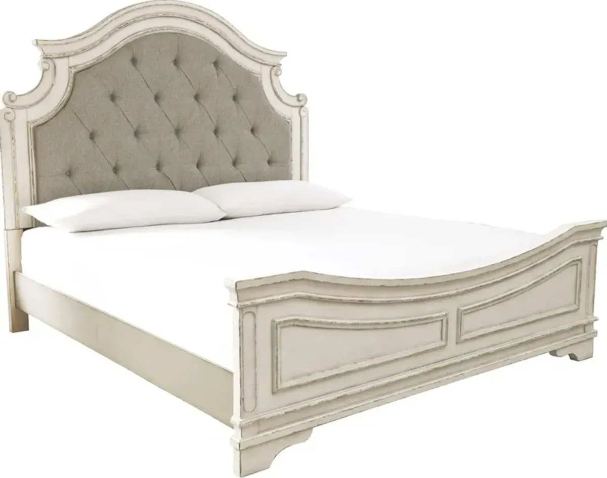 Signature Design by AshleyÂ® Realyn 4-Piece Chipped White King Upholstered Panel Bed Set