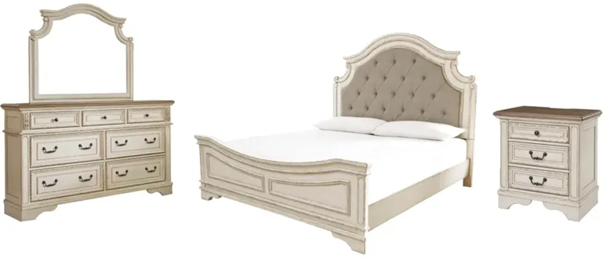 Signature Design by AshleyÂ® Realyn 4-Piece Chipped White King Upholstered Panel Bed Set
