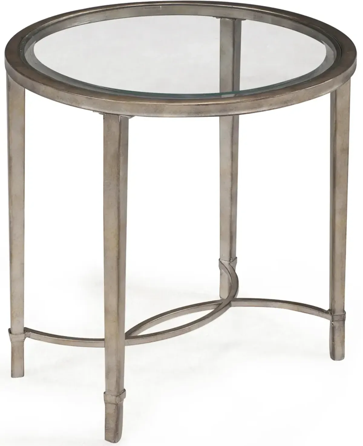 Magnussen HomeÂ® Copia Glass Top Oval End Table with Antiqued Tint Metal Base