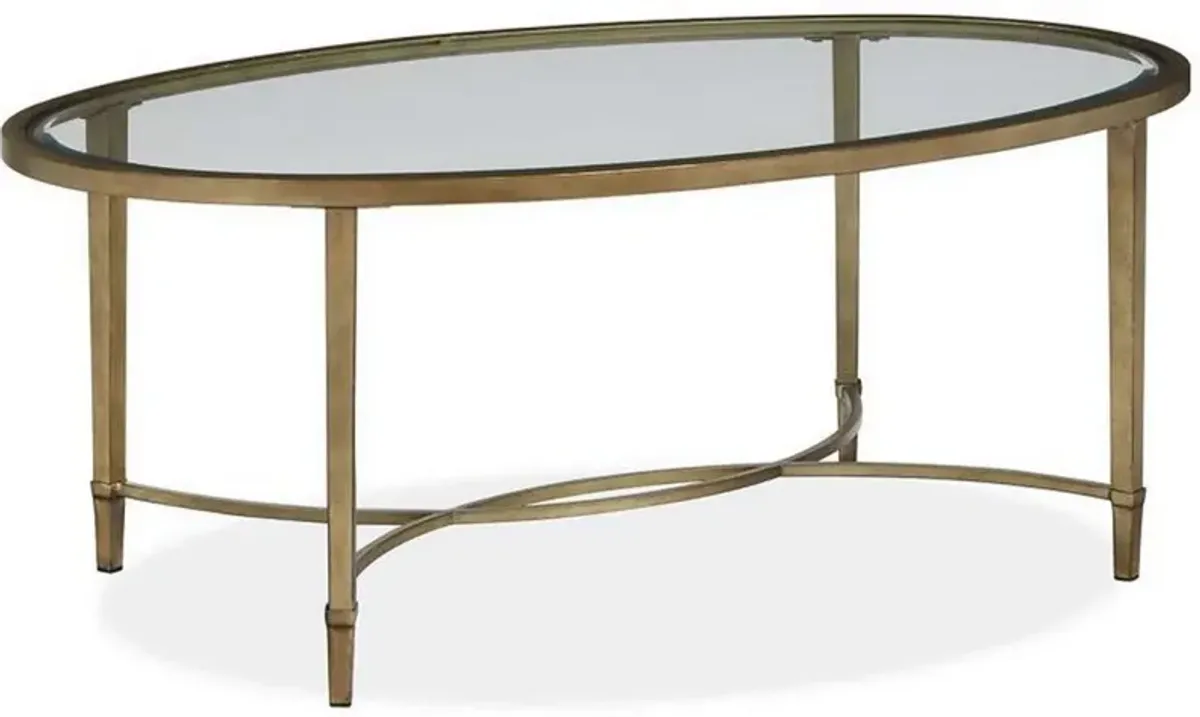 Magnussen HomeÂ® Copia Glass Top Demilune Cocktail Table with Antiqued Tint Metal Base