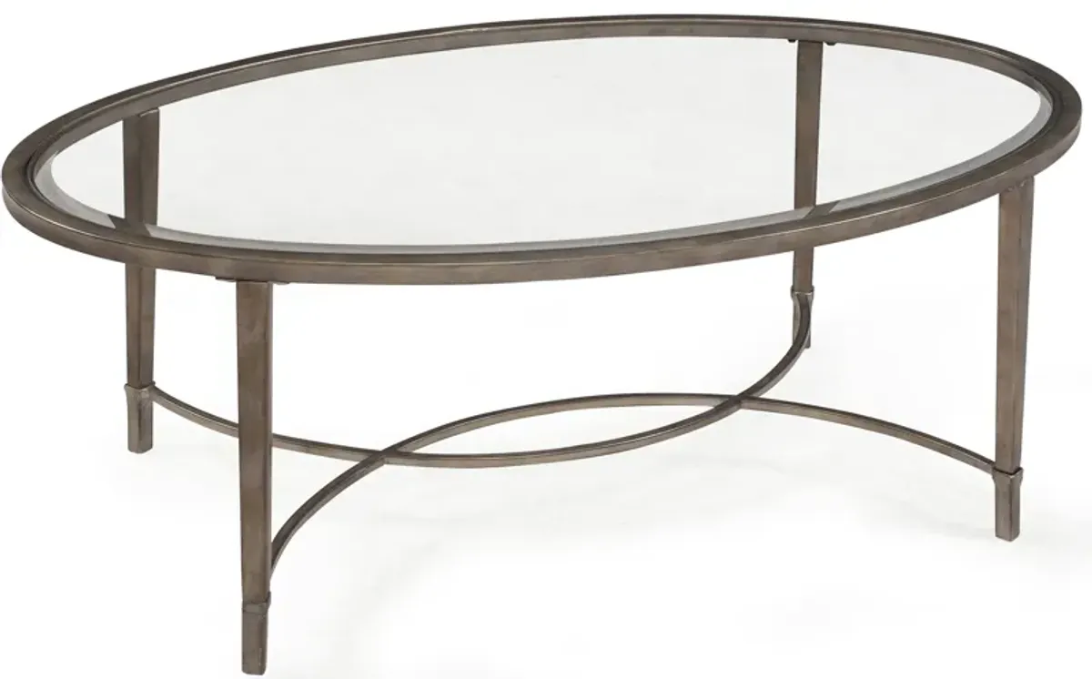 Magnussen HomeÂ® Copia Glass Top Demilune Cocktail Table with Antiqued Tint Metal Base