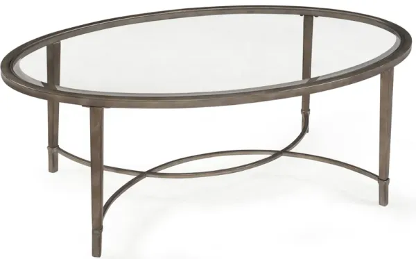 Magnussen HomeÂ® Copia Glass Top Demilune Cocktail Table with Antiqued Tint Metal Base