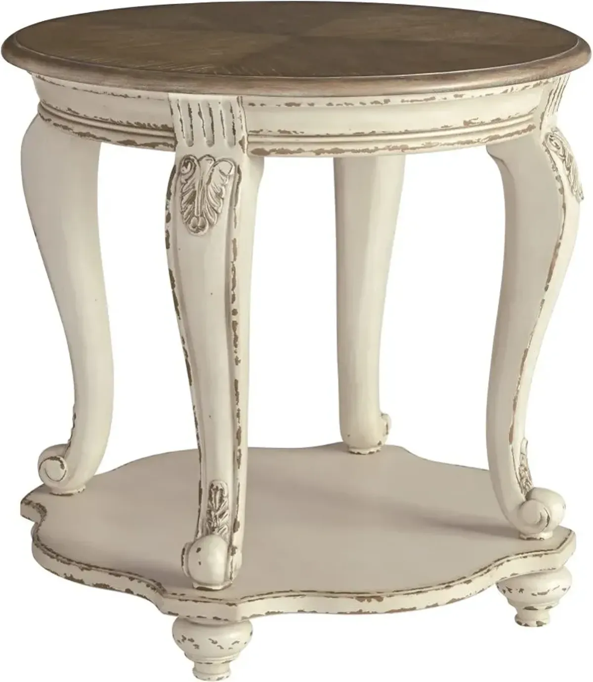 Signature Design by AshleyÂ® Realyn Distressed Wood Round End Table with Chipped White Base