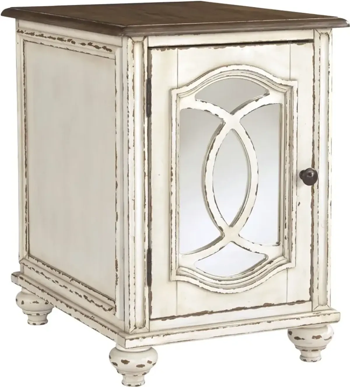 Signature Design by AshleyÂ® Realyn Brown Cabinet Door Chairside End Table with White Base