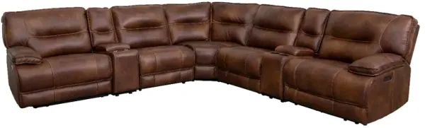 Man Wah Brown 7 Piece Brown Leather Power Reclining Sectional