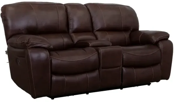 Man Wah Brown Leather Power Reclining Loveseat with Console