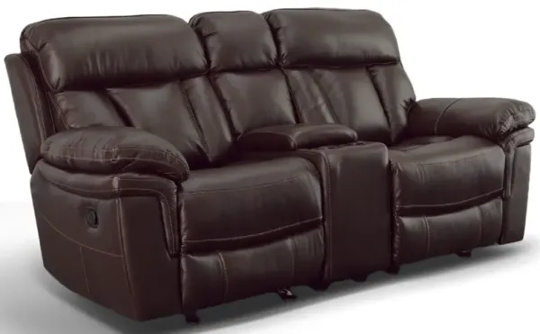 Man Wah Brown Leather Gliding Reclining Console Loveseat