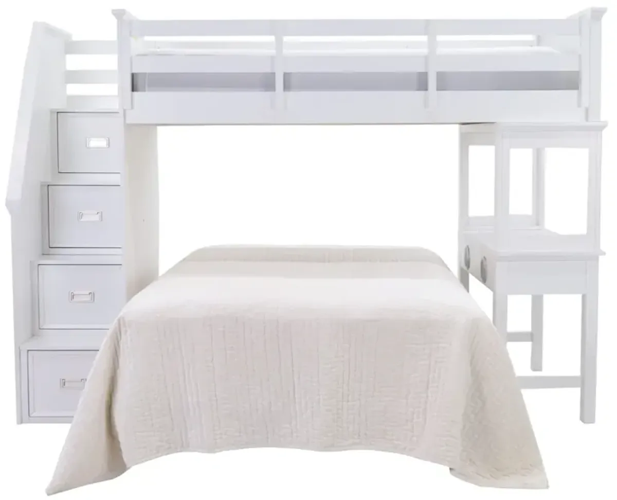 Elements International Hampton Kids White Twin/Full Loft Bed with Staircase and Desk