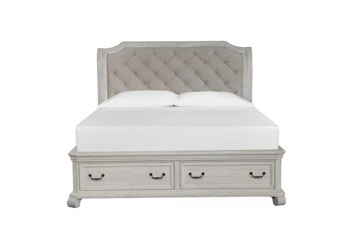 Bellamy Sleigh Bed w/ Storage in White, Queen