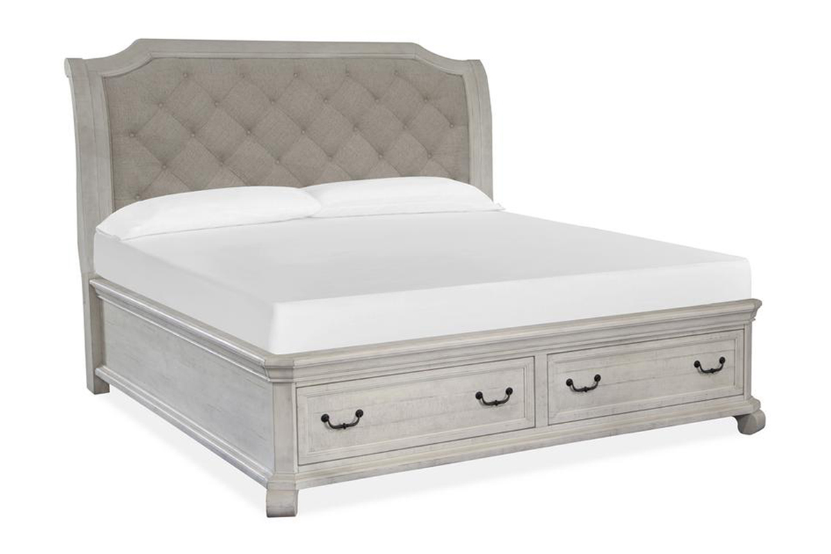 Bellamy Sleigh Bed w/ Storage in White, Queen